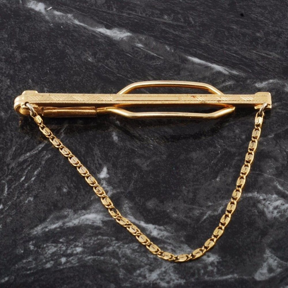 Vintage Tie Bar Signed Gilt With Snail Chain Gold Tone Brass Decorative Design